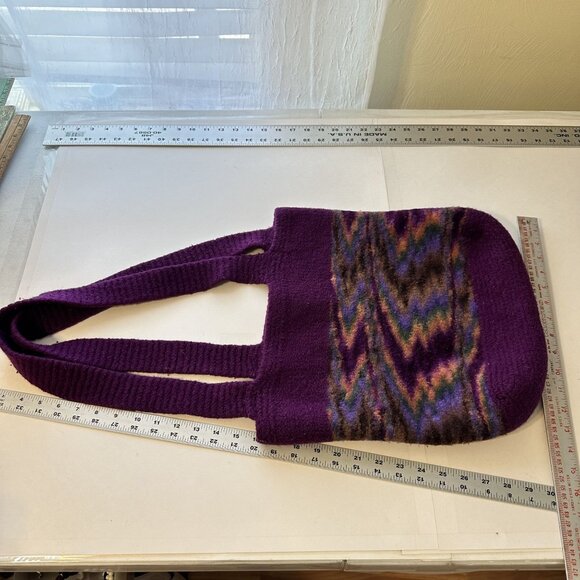 Handmade Purple Wool Shoulder Bag Geometric Multicolor Pattern Artisan - Picture 2 of 8
